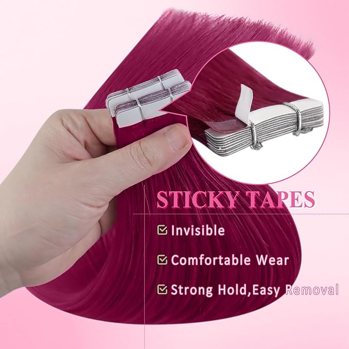 YoungSee Human Hair Tape in Extensions Magenta 18 inch Invisible Tape in Hair Extensions Human Hair 10pcs 25g Rosein Color Tape-ins Real Human Hair for Prom