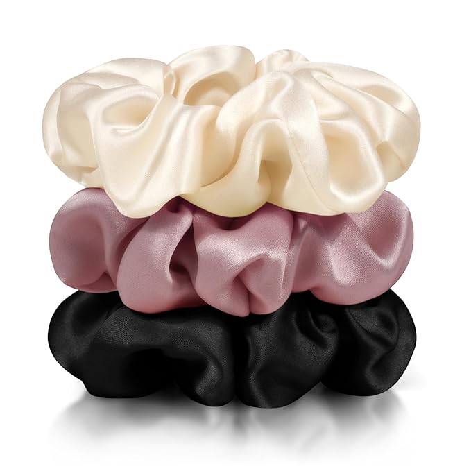 Zenssia Silk Scrunchies for Hair, Mulberry Silk Hair Ties for Women and Girls, No Damage Elastic Ponytail Holders（Black, Champagne, Light Plum）