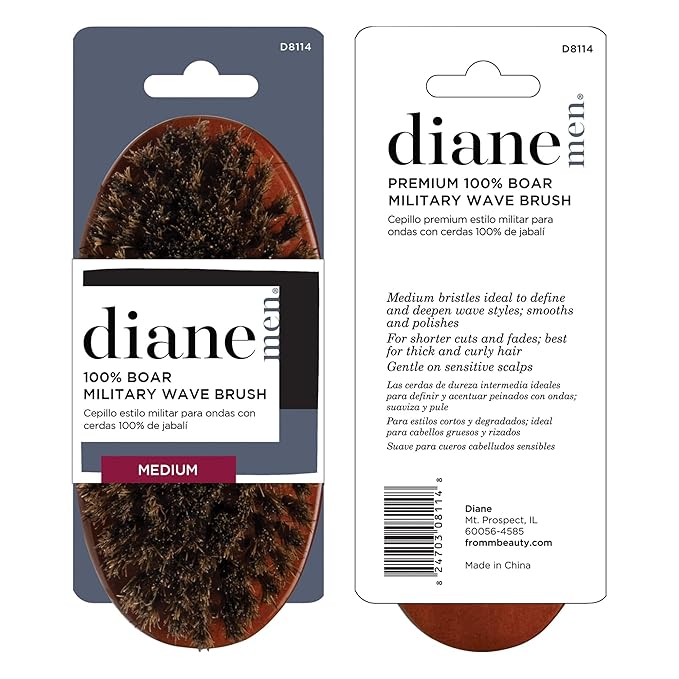 Diane Premium 100% Boar Bristle Military Wave Brush for Men and Barbers – Medium Bristles for Thick Coarse Hair – Use for Detangling, Smoothing, Wave Styles, Soft on Scalp, Restores Shine