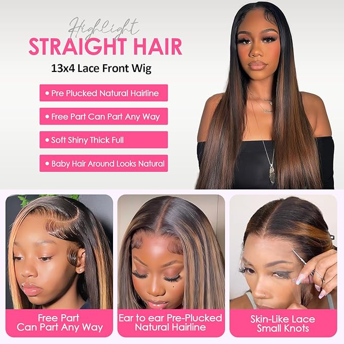 28 Inch Ombre Lace Front Wig Human Hair 1B/30 Highlight Straight Lace Front Wigs Human Hair Colored 13x4 Brown Wig Human Hair 200% Density Balayage Glueless HD Lace Frontal Wigs