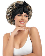 AWAYTR Silk Bonnet for Sleeping Women 100% Mulberry Silk Bonnet with Band 2 Layer Reversible Hair Bonnet Sleeping Hair Wrap (Leopard/Black)