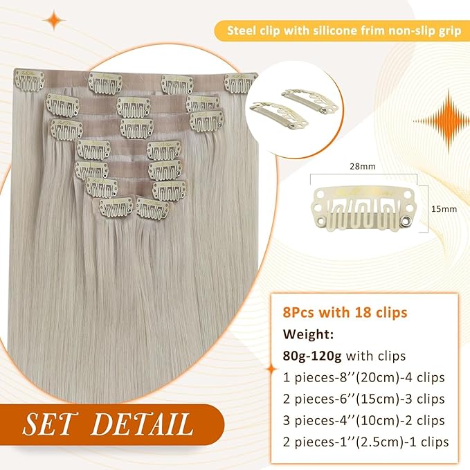 Full Shine Blonde Clip in Hair Extensions Ice Blonde Seamless Hair Extensions Clip in Invisible Hair Extension for Women Straight with PU Weft 20 Inch 8PCS 120G