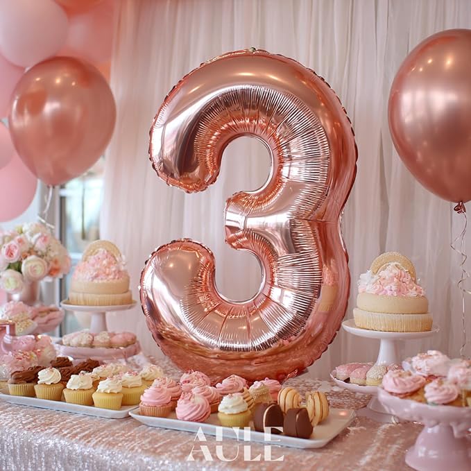 AULE 40 Inch Rose Gold 3 Balloon Number Foil 0-9 Birthday Big Numbers | - Image 4