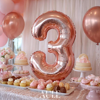 AULE 40 Inch Rose Gold 3 Balloon Number Foil 0-9 Birthday Big Numbers | - Image 4