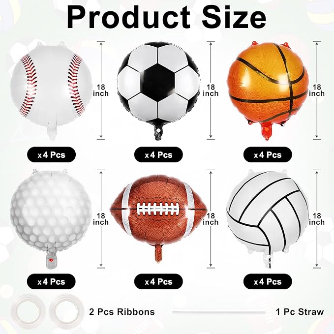 24 Pcs Sports Foil Balloon Set, 18 Inch Football Basketball Baseball Volleyball - Image 2