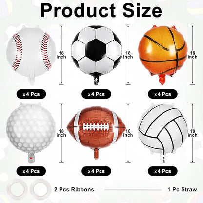24 Pcs Sports Foil Balloon Set, 18 Inch Football Basketball Baseball Volleyball - Image 2