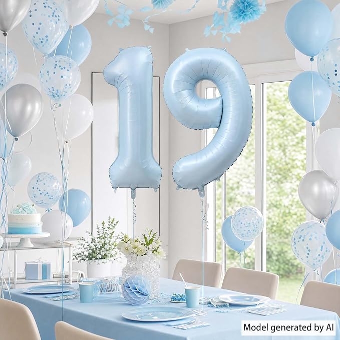 Baby Blue Number 19 Balloon 40 Inch, Sky Pastel Foil Digits Party Supplies | - Image 7