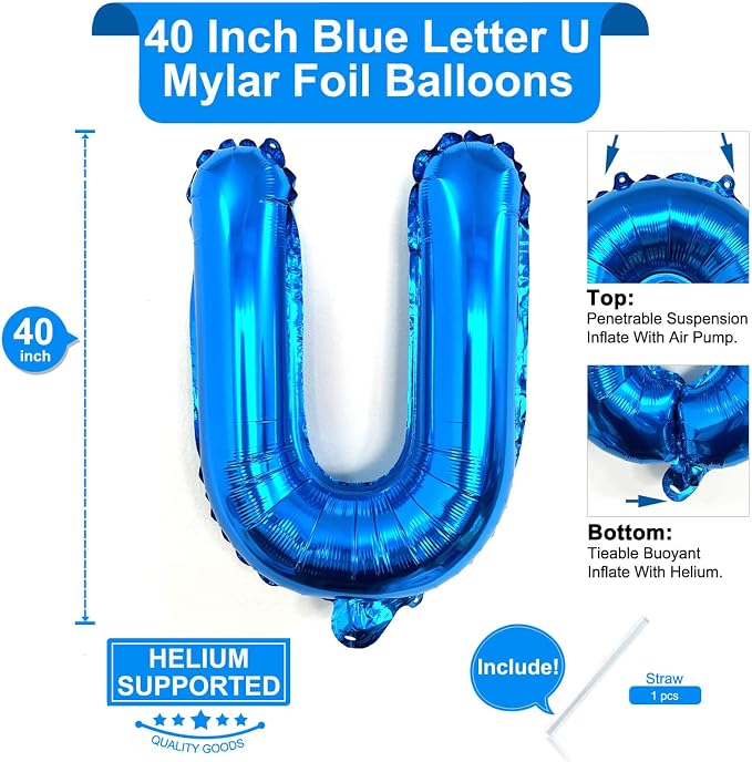 Lovoir 40 Inch Large Blue Letter U Balloons Big Size Jumbo Mylar Foil Helium - Image 2