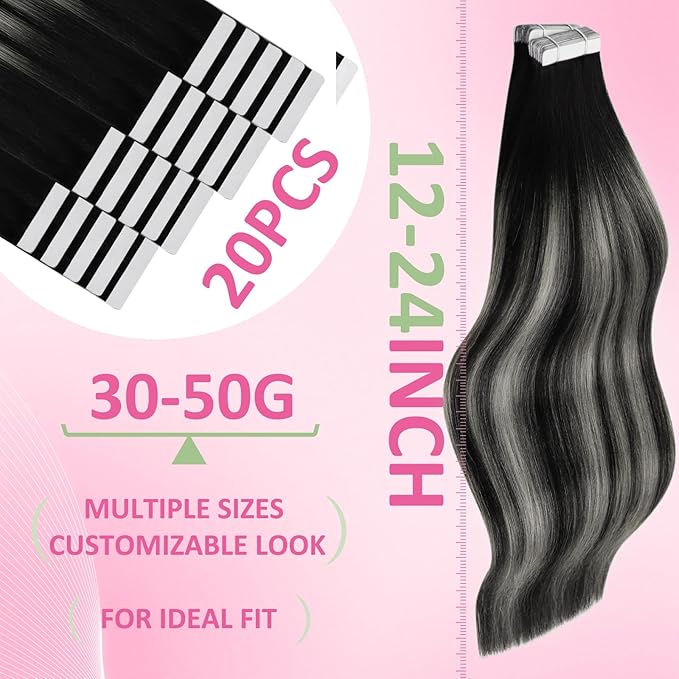 YoungSee Tape in Human Hair Extensions Ombre Black Tape Extensions Human Hair Off Black Ombre Sliver Balayage Tape-in Hair Extensions Real Human Hair 22 Inch 50g 20pcs Long Straight Hair