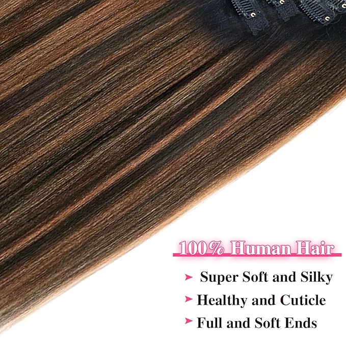 T1BP1B/30 Omber Yaki Straight Clip in Hair Extensions Real Human Hair For Women Highlight Hair Extensions Kinky Straight Clip ins(24inch)