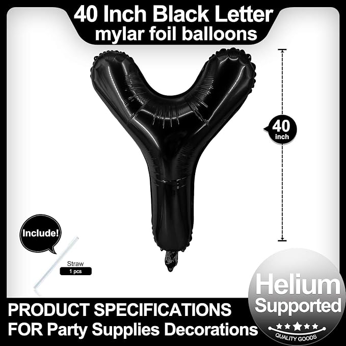 40 Inch Black Letter Y Balloons, DIY Phrase Foil Alphabet Letter Y Balloons DIY - Image 2