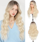 Long Wavy Ombre Blonde Wig with Curtain Bangs for Women 26 Inch Synthetic Wig Natural Looking Heat Resistant Fiber Hair Wig for Daily Party Halloween Cosplay Use