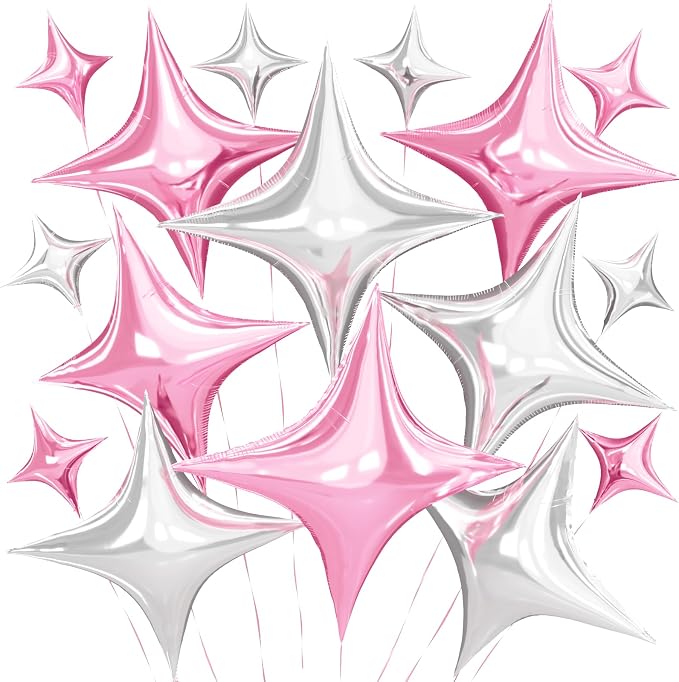 Pink Silver Star Balloons, 26 Inch and 10 Inch Silver Stars Shaped Balloon by BIAPIAN