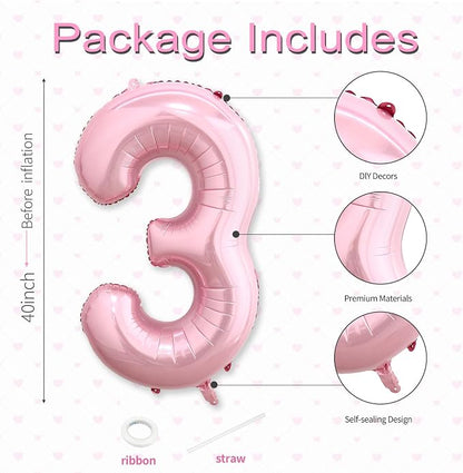 40 Inch Pink Number 3 Balloon, Giant Number Balloons, Birthday Decorations | - Image 3