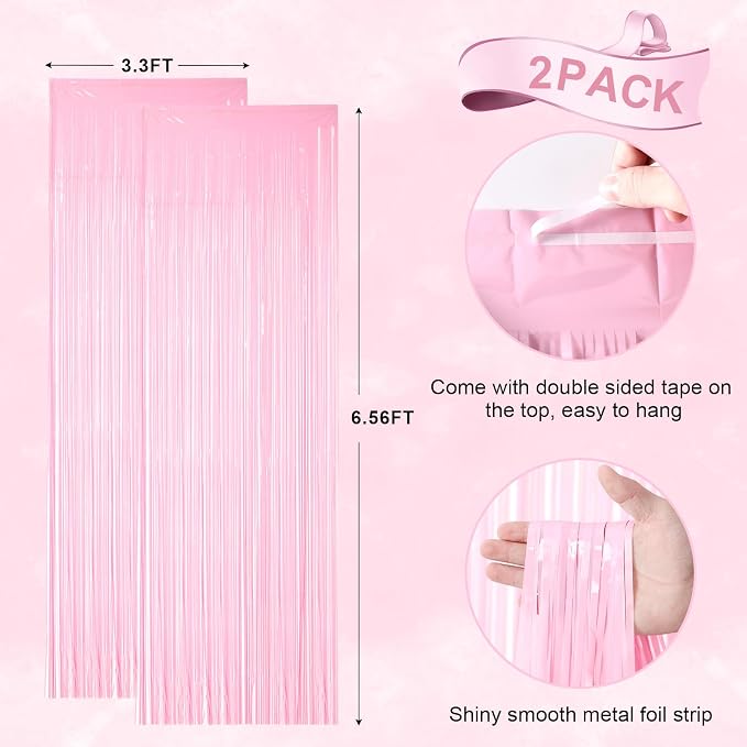 Voircoloria Pastel Pink Foil Fringe Backdrop Curtains, 2 Pack | Tinsel Streamers - Image 3