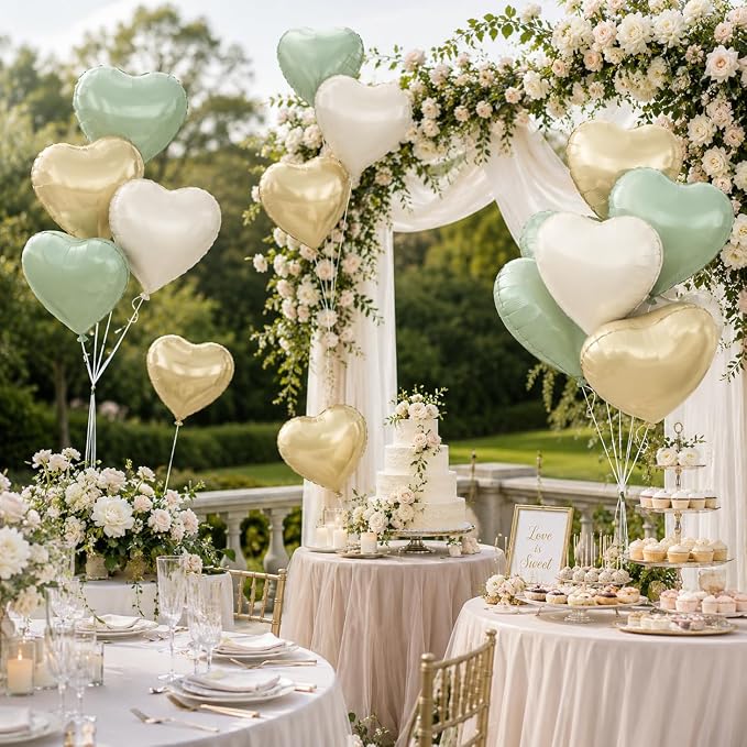 Sage Green Gold Heart Balloons, 18Inch Cream White Helium Balloon - Image 7
