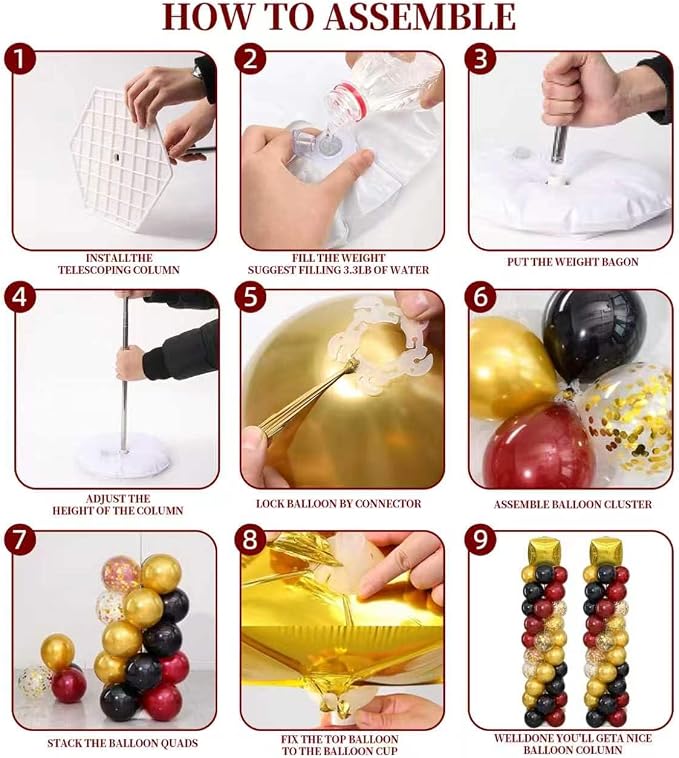 Black Burgundy Gold Balloons Column Stand 2 Sets, Balloon Towers | 102Pcs - Image 4