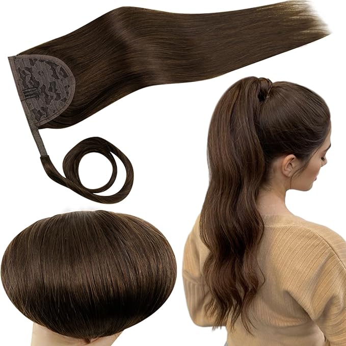 RUANTURE Clip in Ponytail Hair Extensions Human Hair Chocolate Brown Real Hair Ponytail Extension Straight Wrap Around Ponytail Human Hair Extension 16 Inch 80g Thick Pony Tails Hair Extensions
