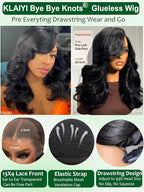 KLAIYI Pre Everything Glueless Layer Side Part Loose Body Wave 13x4 Lace Front Wigs Human Hair Drawstring Curtain Bangs Face framing Pre Bleached Knots Pre Plucked 3S Ready to Put On and Go Wig 24Inch