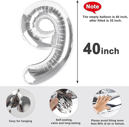 9 Balloon Numbers Party Decorations, 40In Silver Balloons - Image 5