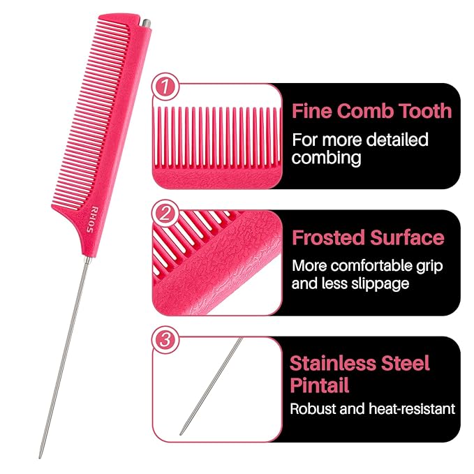 RHOS Retractable Fine Tooth Comb for Hair Parting, Styling, Cutting and Braiding - Carbon and Stainless Steel Pin Tail Comb (Pink)