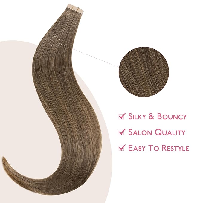 WENNALIFE Tape in Hair Extensions Human Hair Light Ash Brown Tape in Extensions, 10pcs 20g 10 inch Remy Invisible Tape Ins Straight Colored Soft Real Human Hair Refill Set