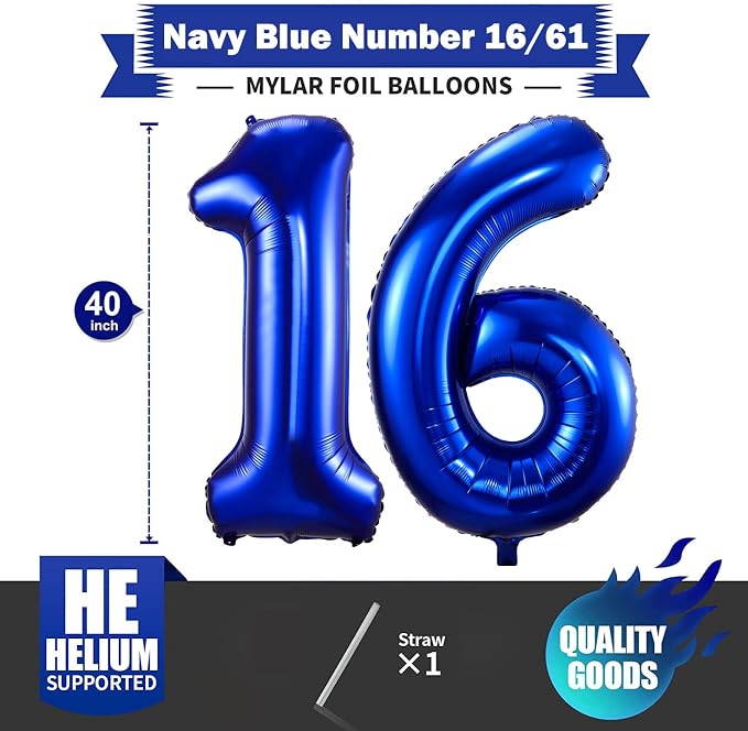 Navy Blue 16 Balloon Numbers, 40 Inch Dark Blue 16 or 61 Birthday Balloons - Image 2