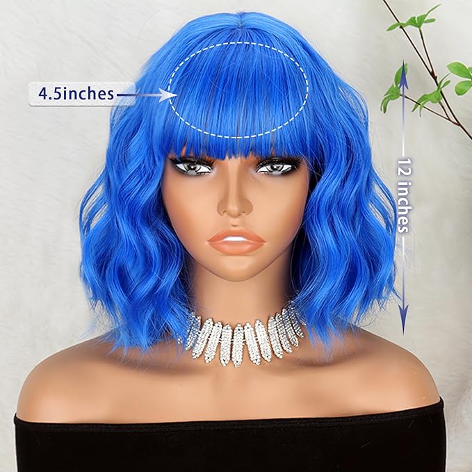 MISSQUEEN Short Dark Blue Wigs with Bangs for Women Synthetic Shoulder Length Wavy Bob Wig for Girl Colorful Costume Wigs (Blue)