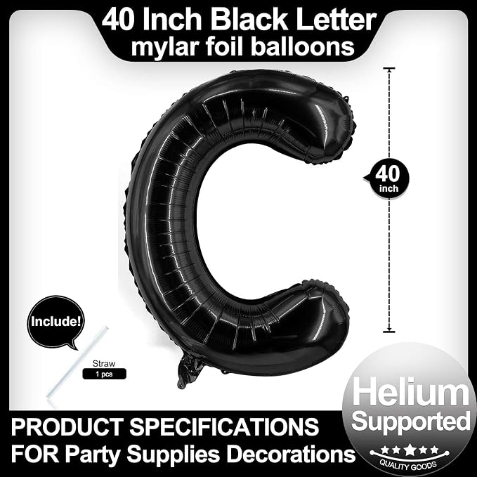 40 Inch Black Letter C Balloons, DIY Phrase Foil Alphabet Letter C Balloons DIY - Image 2