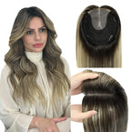 WORLDSTAR Hair Toppers for Women Real Human Hair 6 * 7 Inch Base 14Inch 65g #1B/4/27 Natural Black Ombre Brown with Caramel Blonde Hair Topper for Women with Thinning or Grey Roots (tp#1B/4/27-14)