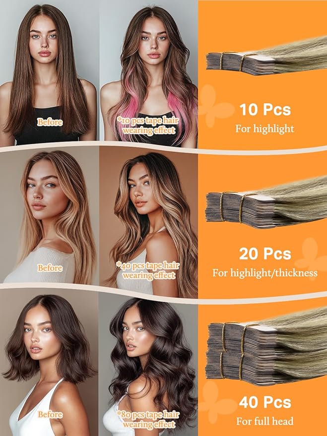 DOORES Human Hair Tape in Hair Extensions, Light Brown Highlighted Medium Blonde 18 Inch 50g 20pcs, Tape in Hair Extensions Remy Straight Hair Skin Weft
