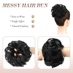 FESHFEN Messy Bun Hair Piece - Elastic Wavy Curly Hair Bun Scrunchies Extensions Synthetic Chignon Hairpieces for Women Girls, Off Black 1.5 oz