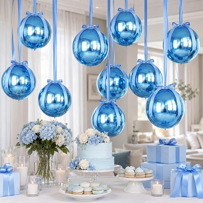 Blue Round Foil Balloons with Satin Bows and Ribbon - Image 5