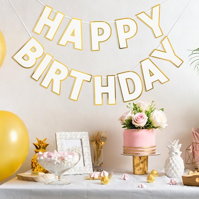 Pre-Strung Happy Birthday Banner White Party Decorations | adjustable cord - Image 5
