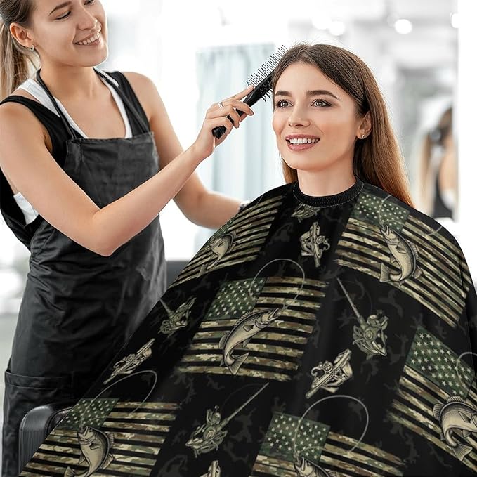 Hair Cut Cape Bass Fishing Camo Camouflage American Flag Hunting Black Hair Cutting Gown, Lightweight Hairdresser Apron for Hair Cutting, Haircut Tools