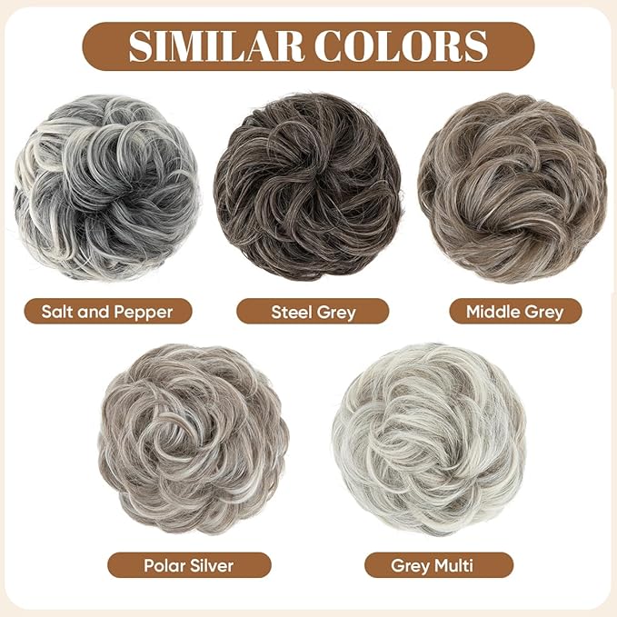 CJL HAIR Large Messy Bun Hair Piece Wavy Curly Scrunchies Synthetic Chignon Ponytail Hair Extensions Thick Updo Hairpieces for Women Salt and Pepper