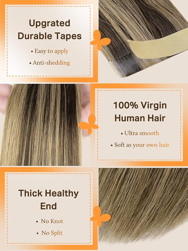 DOORES Tape in Hair Extensions, Real Human Hair, Chocolate Brown Highlight Caramel Blonde 20pcs 50g 18 Inch, Invisible Remy Straight Hair