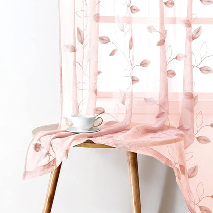 HOMEIDEAS Blush Pink Sheer Curtains W52 x L96, Embroidered Vine Leaf | 2 Panels - Image 7