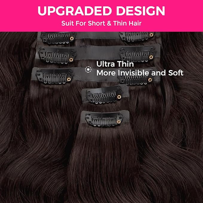 Lashey Seamless Clip in Hair Extensions Human Hair #2 Dark Brown Body Wave 7pcs 110g 22 Inch PU Weft Clip in Hair Extensions Real Human Hair for Women