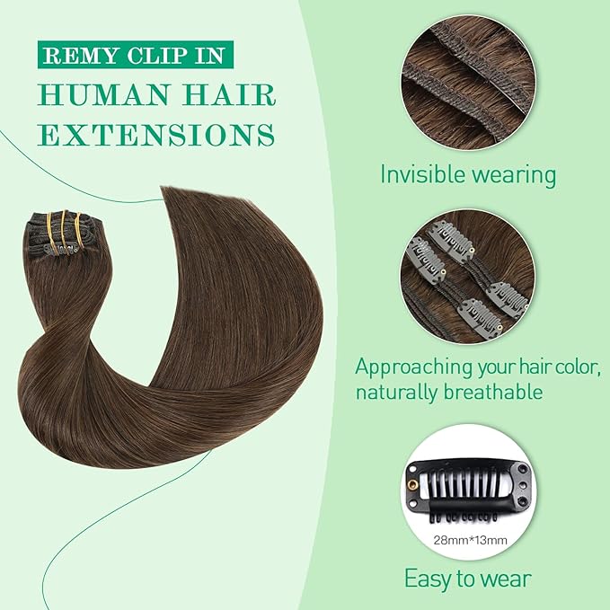 Clip in Hair Extensions Real Human Hair, SURNEL Chocolate Brown Real Human Hair Extensions Clip in Straight Remy Hair Extensions 140g 7pcs 14 Inch Hair(#4-14'')