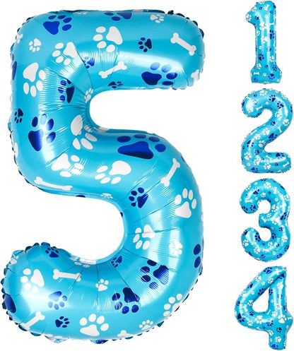 40 Inch Blue Dog Paw Birthday Balloons, Number 5 Balloons by AXBMM