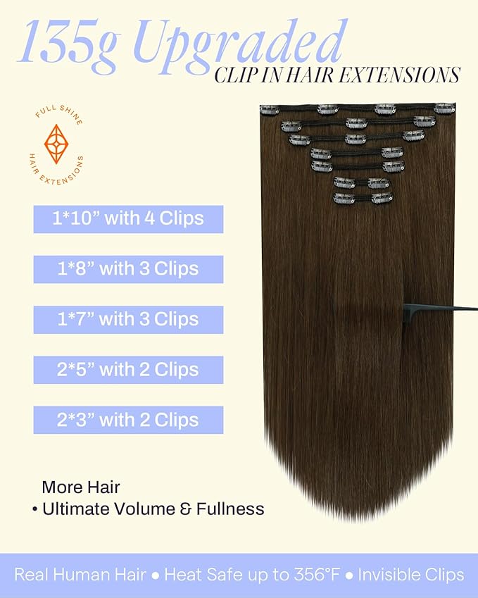 Full Shine Extensions for Women Real Hair 135 G Clip in Hair Extensions Human Hair for Adding Volume for Party 16 Inch 7 Pcs