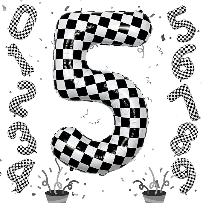 40 Inch Checkered 5 Number Balloons, Large Foil Self Inflating 5th Birthday by Isndare
