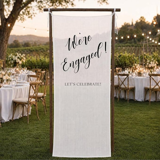 We’re Engaged Banner 73 x 30 Inch, Polyester Engagement Party Sign by SHESCRZIONU