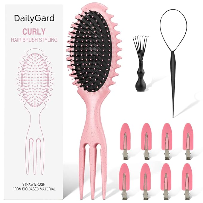 Curly Hair Brush Set,Curl Defining Brush for Curly Hair,Trident Handle Design,Detangling & Shaping & Defining Curls for Women and Girls,Wet or Dry Hair(Pink)