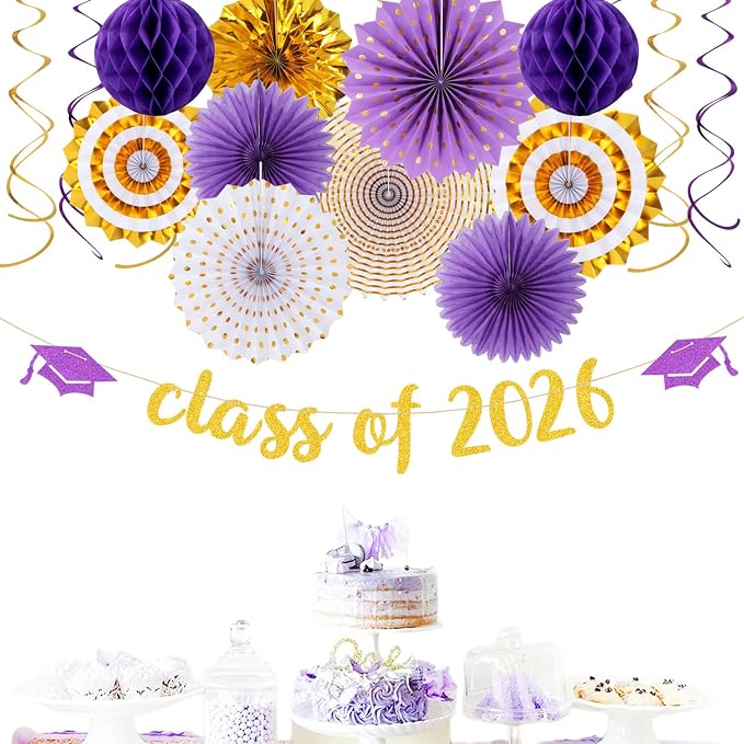 Purple-White Gold Party-Decorations Graduation Banner-Streamers - Image 5