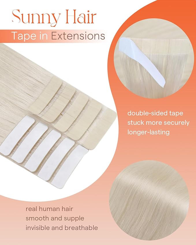 Sunny Hair Tape in Hair Extensions Real Human Hair Invisible Remy Hair Extensions Tape ins for Women White Blonde 12 inch 20G