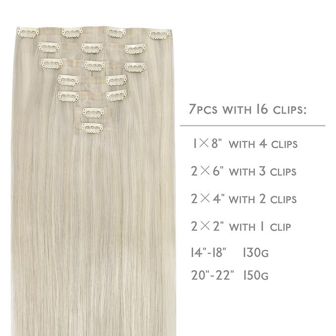 WENNALIFE Seamless Clip In Hair Extensions, 16 Inch 7pcs 130g Ash Blonde Highlighted Platinum Blonde Hair Extensions Clip In Real Human Hair Extensions Clip In Invisible PU Weft Human Hair Extensions
