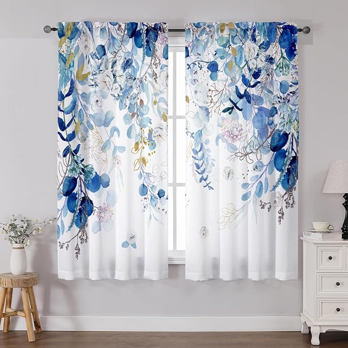 Blue Eucalyptus Curtains 63 Inch Length 2 Panels, Leaves Plant Drapes by GOLDLAWN