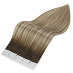 Full Shine Tape in Hair Extensions 20 Inch Human Hair Tape Hair Extensions Balayage Color 3 Dark Brown Fading to 8 and 22 Blonde Highlighted Glue in Remy Hair Extensions 50G 20Pcs Add Length Straight